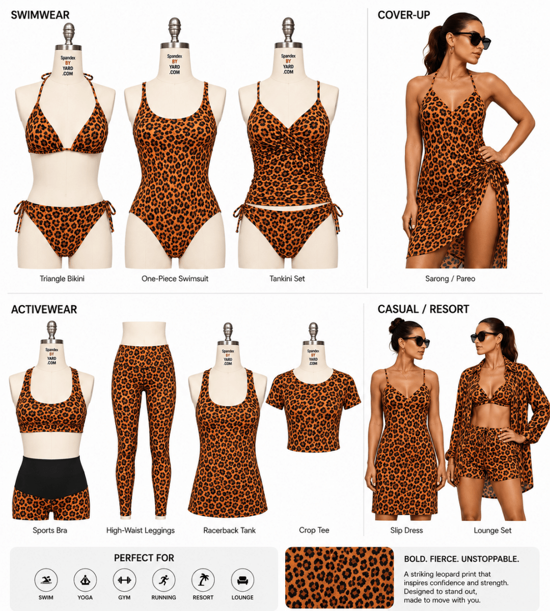 01198 Daphny Leopard Printed Spandex Fabric – Bold Animal Print Stretch Fabric for Activewear, Swimwear & Fashion by the Yard - Spandexbyyard
