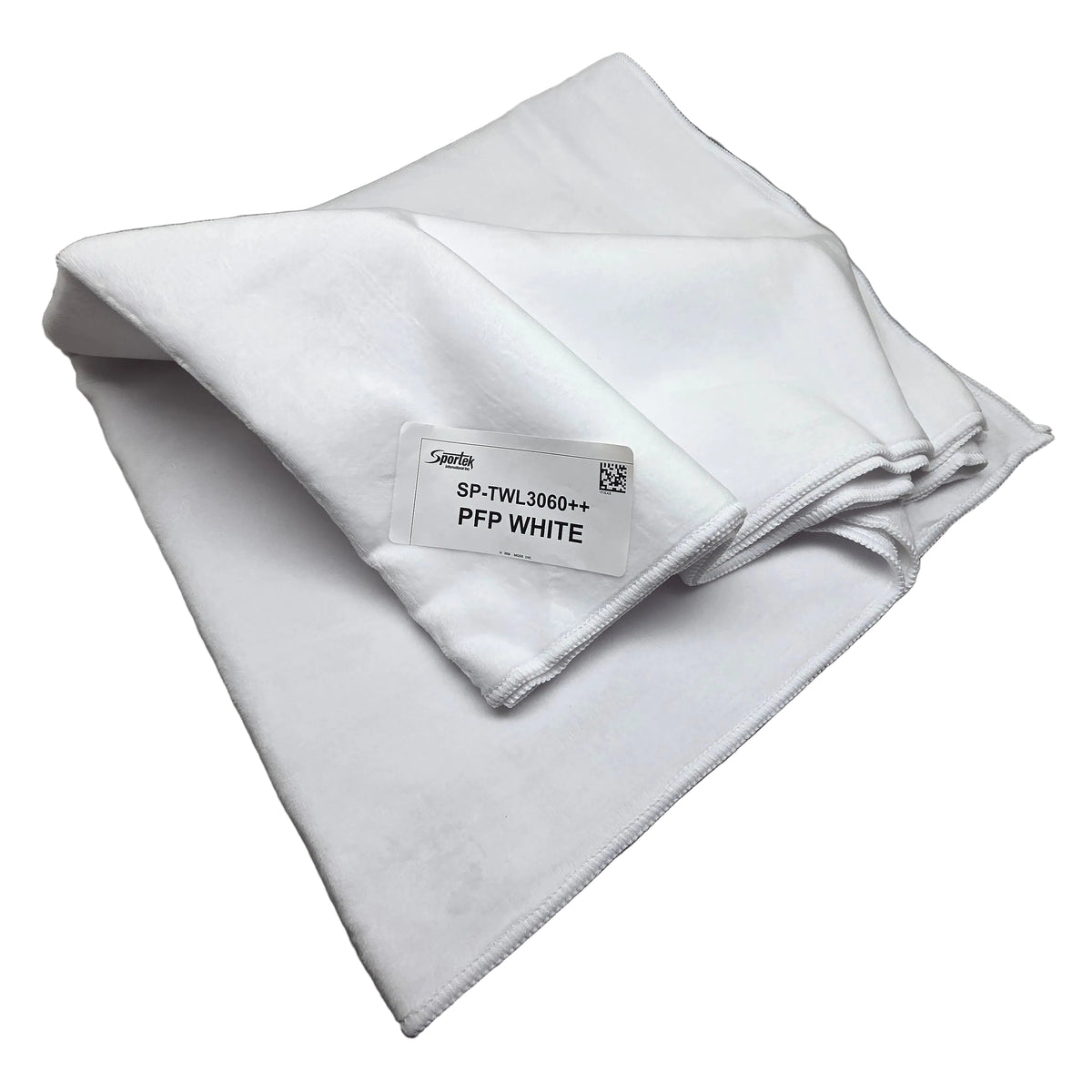 A folded white microfiber cloth with a white paper label that reads 'Spilda SP-TWL3060++ PFP WHITE', displayed on a neutral gray surface.