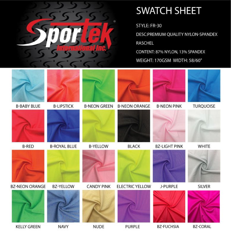 FR - 30 Shiny Sportek premium quality Nylon - Spandex Raschel for sportswear, Dancewear - Spandexbyyard