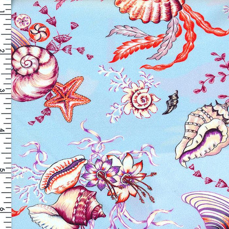SP - NP2675 Ocean Shell Party - Blue Beige White | Nylon Spandex Digitally Wet Print - Spandexbyyard