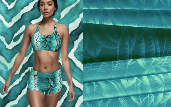 Swimwear fabric nylon spandex shown as finished bikini and raw fabric texture