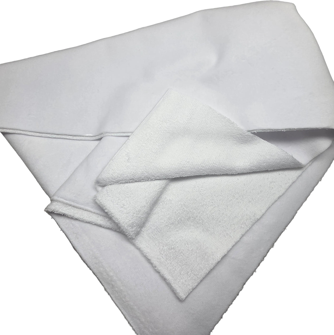 A folded white microfiber cloth or cleaning towel shown on a plain white background.