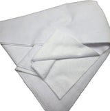 A folded white microfiber cloth or cleaning towel shown on a plain white background.