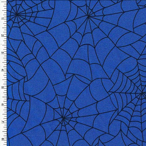 Royal blue spiderweb fabric by Sportek for Halloween costumes and decor, made of 83% nylon and 17% spandex, 58-60 inches wide.