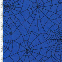 Royal blue spiderweb fabric by Sportek for Halloween costumes and decor, made of 83% nylon and 17% spandex, 58-60 inches wide.