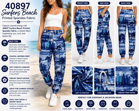 40897 Surfers Beach Printed Spandex Fabric – Tropical Beach Stretch Fabric for Swimwear, Activewear & Fashion by the Yard - Spandexbyyard