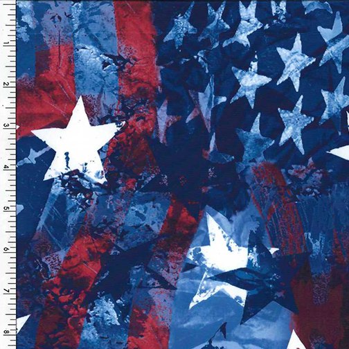 Poly-Spandex Tricot PFP DeltaFlex fabric with abstract patriotic star pattern, red and blue colors, 60-61 inches width, 220 GSM.