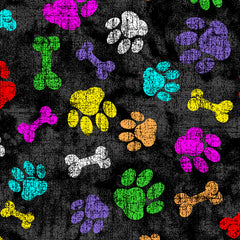 Colorful paw prints and bones pattern on black fabric, ideal for pet-themed projects. Delivery time: 10-15 days, min order: 5 yards