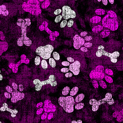 Purple fabric with white and pink paw prints and bones pattern