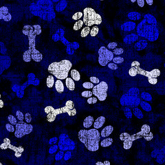 SPT 6630 Paws and Bones fabric with white paw prints and blue bones on a dark background. Delivery: 10-15 days, Min 5 yards