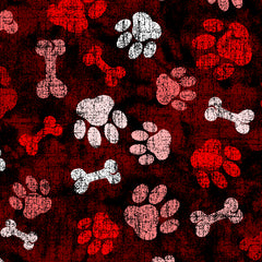 SPT 6630 PAWS AND BONES fabric with red and white paw prints and bones pattern, minimum 5 yards, delivery in 10-15 days