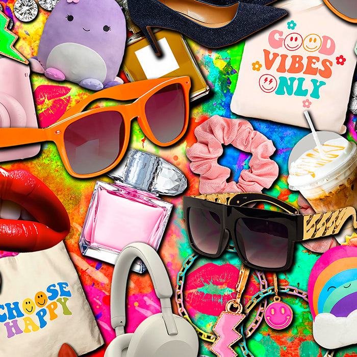 Assorted colorful accessories including sunglasses, perfume, scrunchies, headphones, and 'Good Vibes Only' themed items.