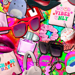 Assorted colorful accessories including sunglasses, scrunchies, perfume, and headphones on a vibrant background with positive vibes messages