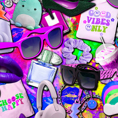 Trendy accessories collage with sunglasses, scrunchies, perfume, headphones, and vibrant colorful 