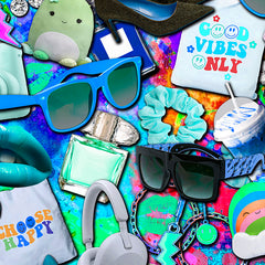 Colorful collage featuring sunglasses, headphones, jewelry, accessories, and positive message items like 