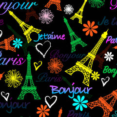 Colorful Eiffel Tower and Paris-themed design with hearts, flowers, and French words on a black background.