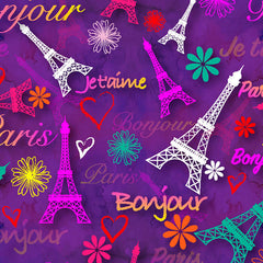 Colorful Eiffel Tower pattern with French words and flowers on a purple background