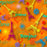 Colorful Eiffel Tower pattern on orange fabric with words like Bonjour and Paris, featuring hearts and flowers.