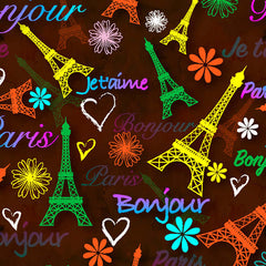 Colorful Eiffel Tower and Paris-themed fabric pattern with floral and heart designs