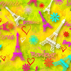 Colorful fabric pattern featuring the Eiffel Tower with flowers and French words on a yellow background