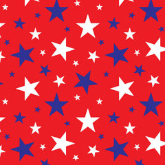 SPT_6645 Multi Stars fabric pattern with red background and white and blue stars, delivery time: 10-15 days, min quantity: 5 yards