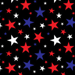 SPT_6645 Multi Stars fabric with red, white, and blue stars on black background, 10-15 days delivery, minimum 5 yards purchase required