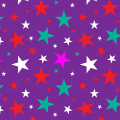 Colorful multi stars pattern on purple fabric for sale with 10-15 days delivery and minimum order of 5 yards.