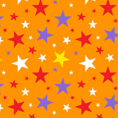 Colorful multi stars pattern on an orange background with red, white, purple, and yellow stars.