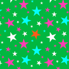 Vibrant green fabric with multi-colored stars including pink, blue, white, and red, suitable for sewing projects, delivery in 10-15 days