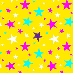 Colorful multi stars pattern on yellow background fabric, vibrant design for SPT_6645, delivery in 10-15 days, min order 5 yards