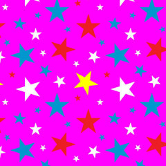 Multi-colored stars pattern on a vibrant pink background, ideal for fabrics. Delivery in 10-15 days, minimum order 5 yards.