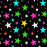 Colorful multi-star fabric pattern with black background, delivery in 10-15 days, minimum order 5 yards