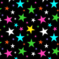 Colorful multi-star fabric pattern with black background, delivery in 10-15 days, minimum order 5 yards