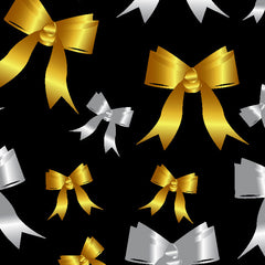 Gold and silver decorative bows on a black background, perfect for gift wrapping and crafts.