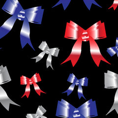 Colorful red, blue, and silver bows on black background for decorative use.