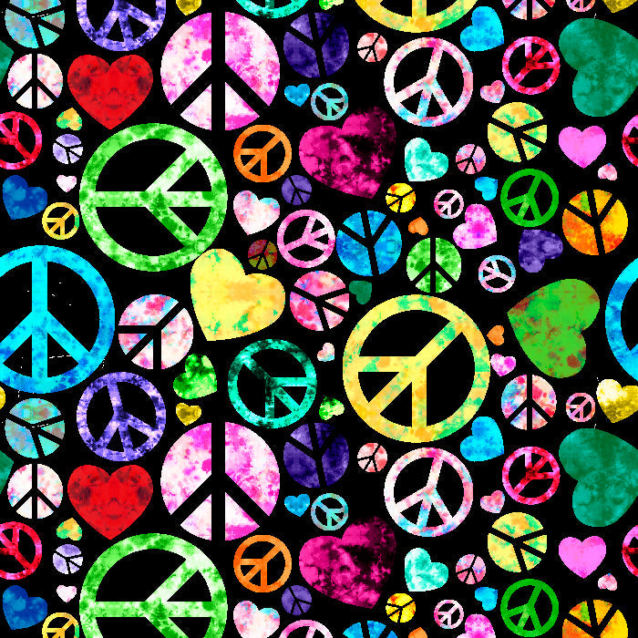 Colorful peace signs and hearts pattern on black background