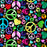 Colorful peace signs and hearts pattern on black background