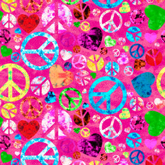 Colorful peace symbols and hearts pattern on a pink background.