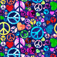 Colorful peace signs and hearts pattern on a dark background