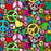 Colorful fabric pattern with peace signs and hearts on a brown background