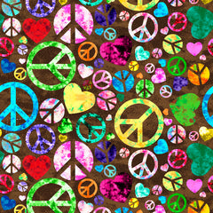 Colorful fabric pattern with peace signs and hearts on a brown background