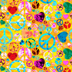 Colorful fabric pattern with peace signs and hearts on a bright yellow background