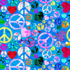 Colorful peace signs and hearts pattern on blue background