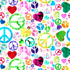 Colorful peace signs and hearts pattern on white background