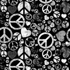 Black background with various white peace symbols and hearts in a pattern