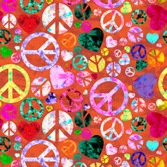 Colorful peace signs and hearts pattern on an orange background