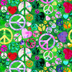 Colorful peace signs and hearts pattern on a green background