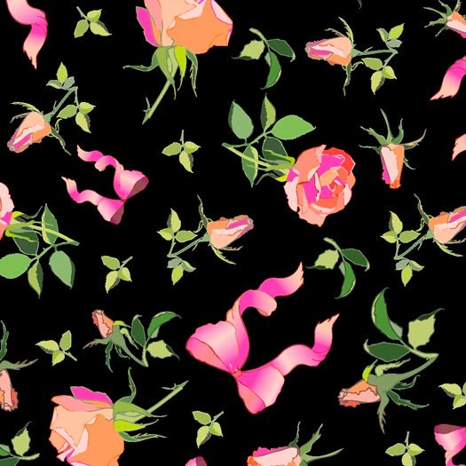 SPT-6675 | Flower Bows - Noir Rose Garden with Pink Ribbons Print