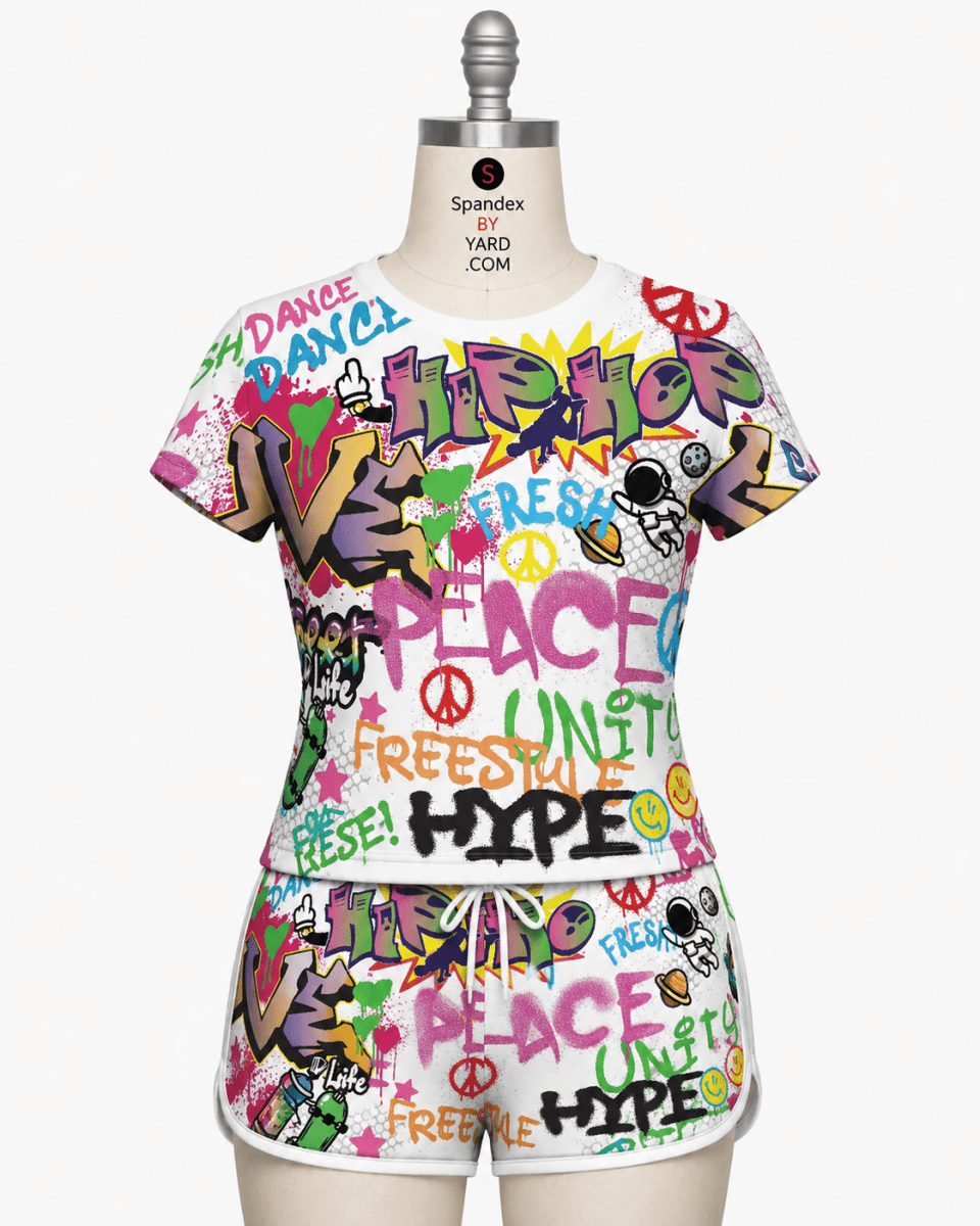 Graffiti Printed Spandex Fabric – Urban Street Art Stretch Fabric for Activewear, Streetwear & Fashion by the Yard - Spandexbyyard