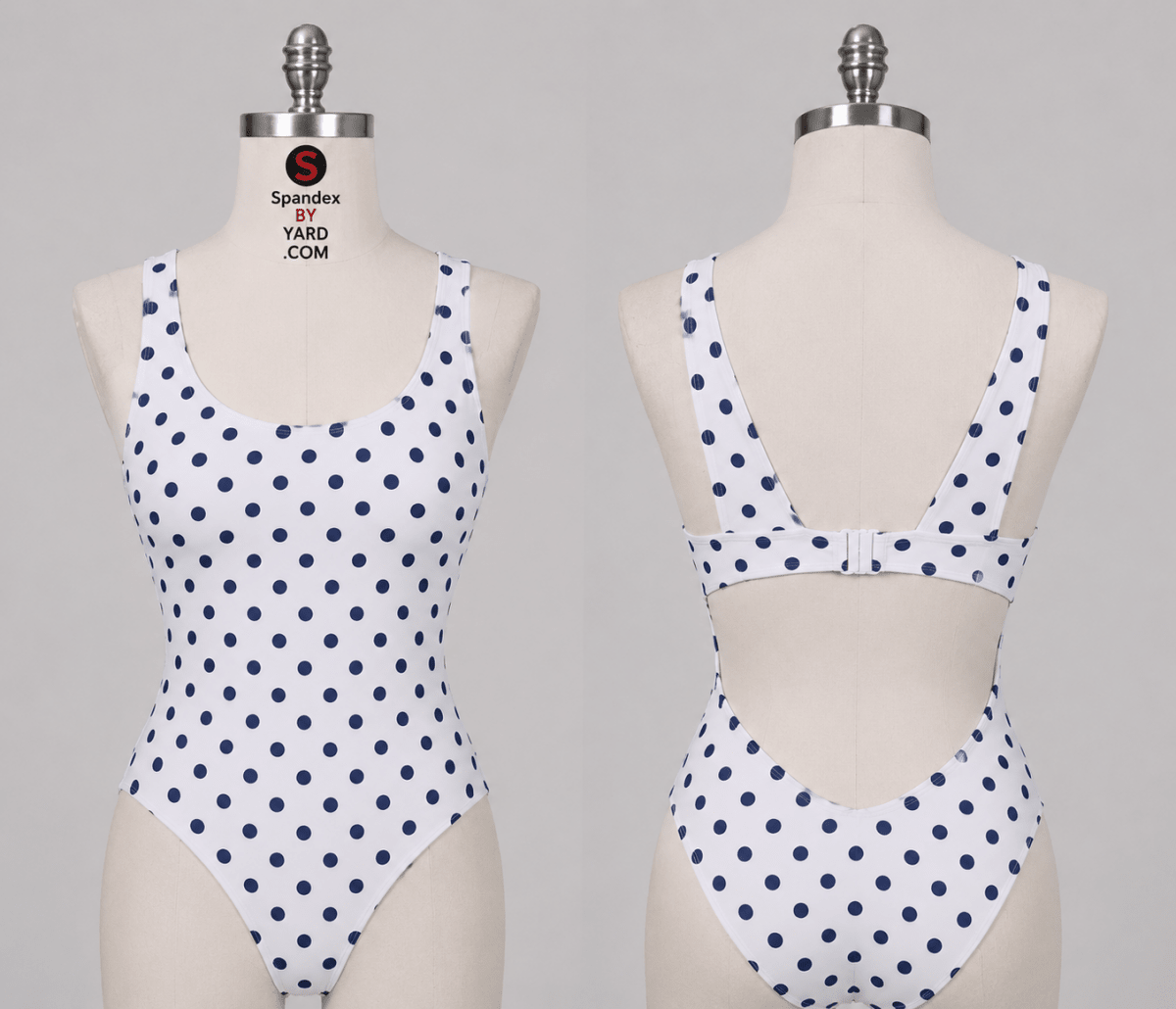P-SCP294-58 White/Navy Dot | Polka Dot Printed Spandex Fabric for Swimwear & Activewear - Spandexbyyard